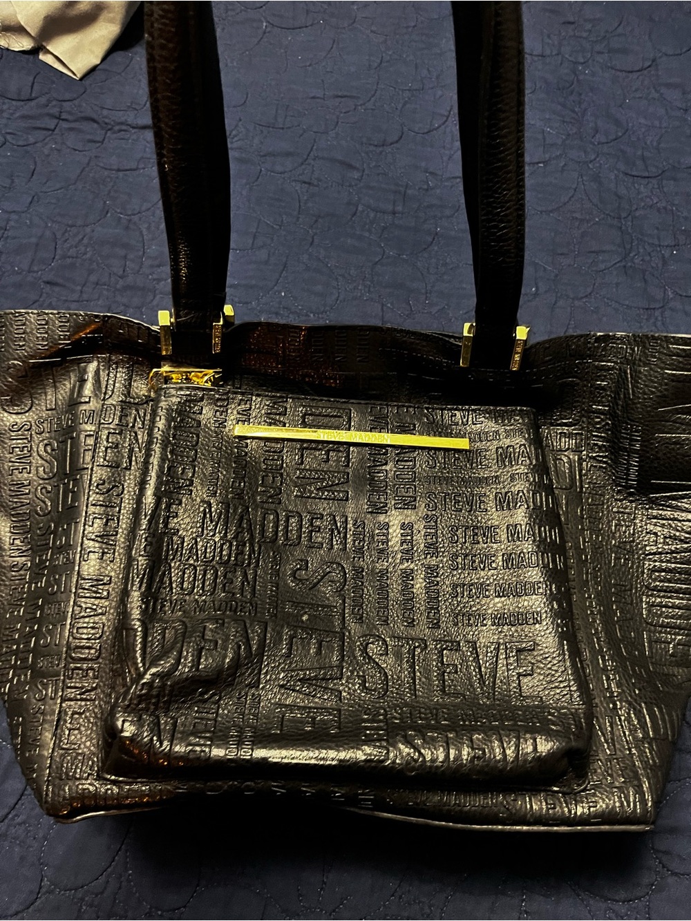Steve Madden Black Embossed Logo Tote with Gold Accent
